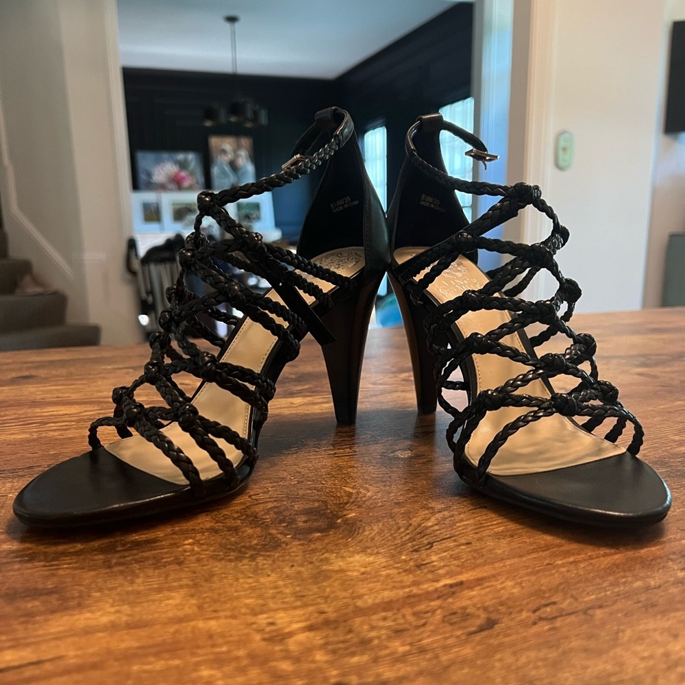 Vince Camuto size 8.5 black heel sandals with straps. Worn once for try-on only.